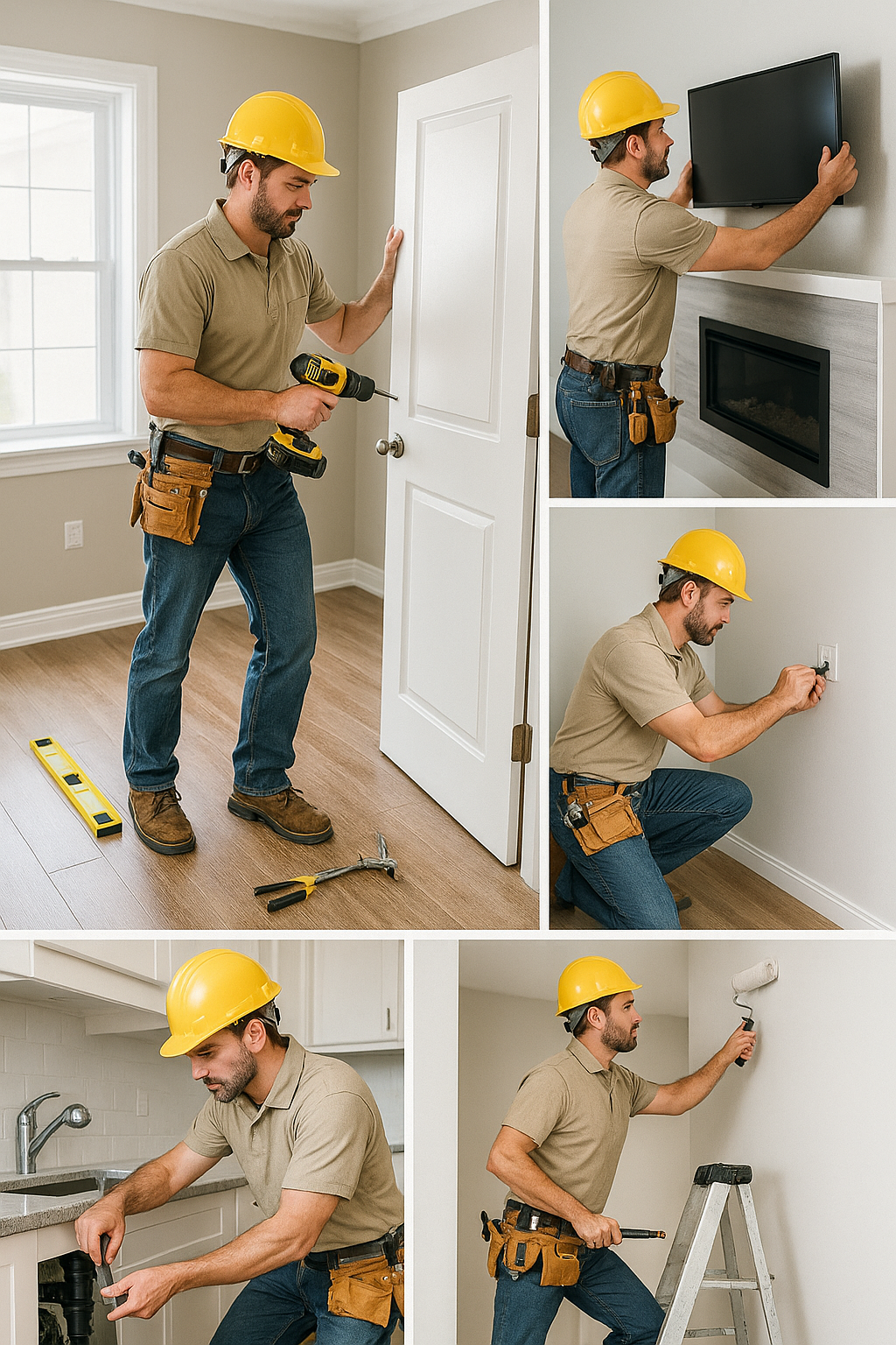 Collage of handyman performing various home repairs